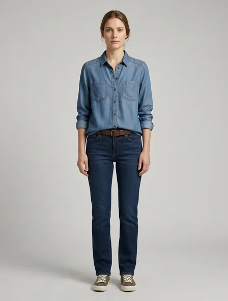 Shirt in lightweight denim, on a model in a studio