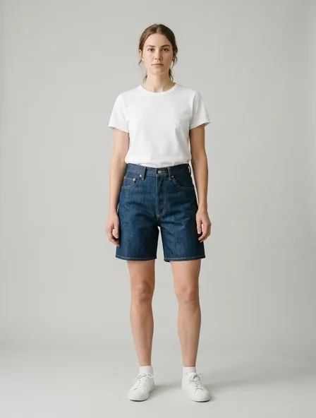 Shorts in rigid denim, on a model in a studio