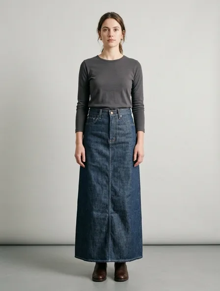 Skirt in rigid denim, on a model in a studio