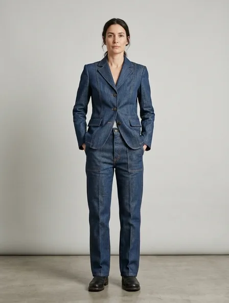 Suit in rigid denim, on a model in a studio
