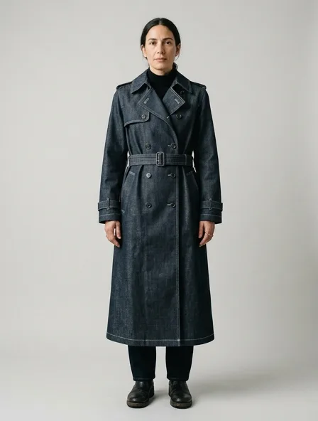 Trench coat in rigid denim, on a model in a studio
