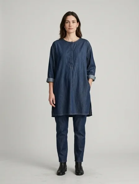 Tunic in lightweight denim, on a model in a studio