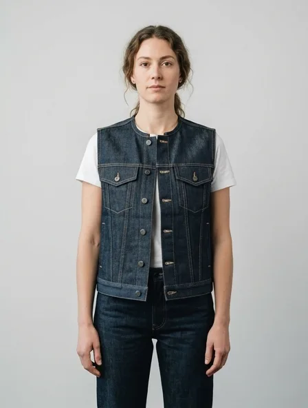 Vest in rigid denim, on a model in a studio