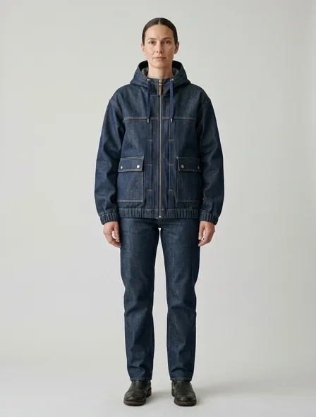Windbreaker in rigid denim, on a model in a studio