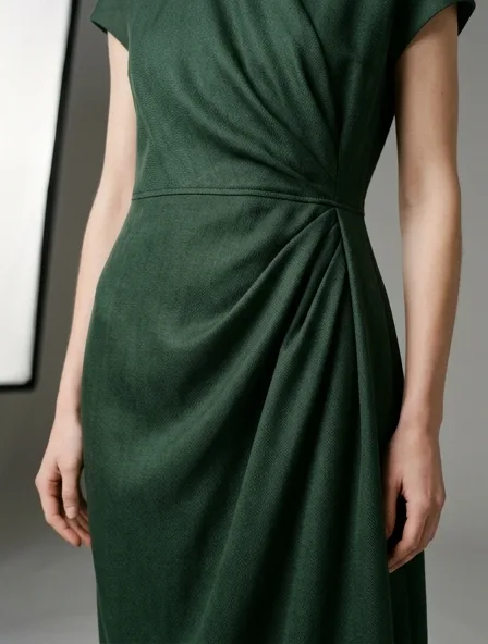 Vue rapprochée d'une robe en sergé vert froncée à la taille, le tissu tombant en plis souples