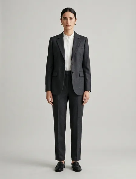 Formal blazer on a model: tailored, structured, premium fabrics, refined details