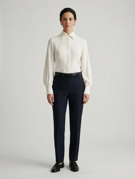 Formal blouse on a model: tailored, structured, premium fabrics, refined details