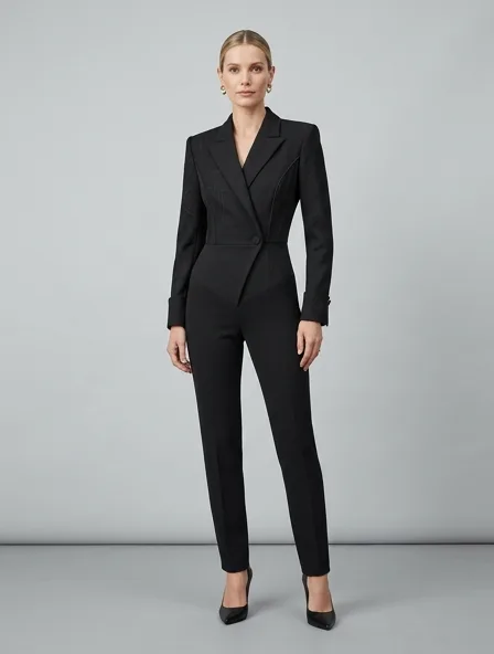 Formal bodysuit on a model: tailored, structured, premium fabrics, refined details