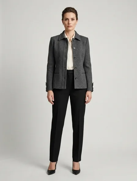 Formal cardigan on a model: tailored, structured, premium fabrics, refined details
