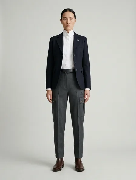 Formal cargo pants on a model: tailored, structured, premium fabrics, refined details