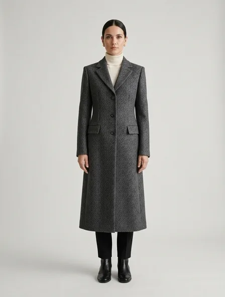 Formal coat on a model: tailored, structured, premium fabrics, refined details