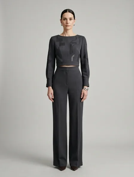 Formal crop top on a model: tailored, structured, premium fabrics, refined details