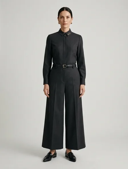Formal culottes on a model: tailored, structured, premium fabrics, refined details