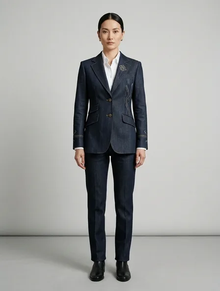 Formal denim jacket on a model: tailored, structured, premium fabrics, refined details