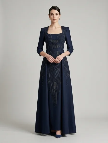 Formal dress on a model: tailored, structured, premium fabrics, refined details