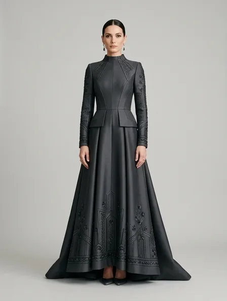 Formal gown on a model: tailored, structured, premium fabrics, refined details