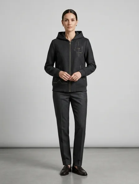 Formal hoodie on a model: tailored, structured, premium fabrics, refined details