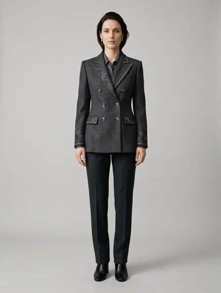 Formal jacket on a model: tailored, structured, premium fabrics, refined details