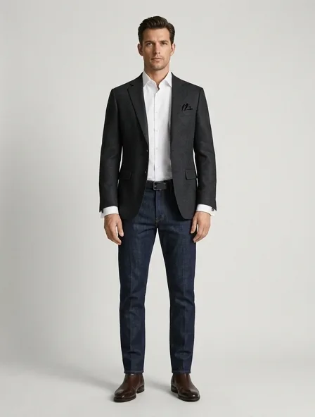 Formal jeans on a model: tailored, structured, premium fabrics, refined details