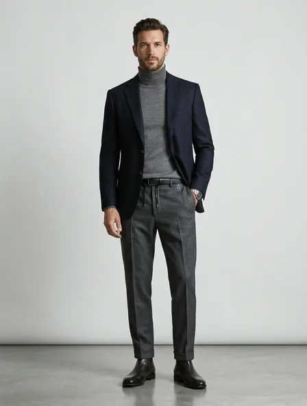 Formal joggers on a model: tailored, structured, premium fabrics, refined details