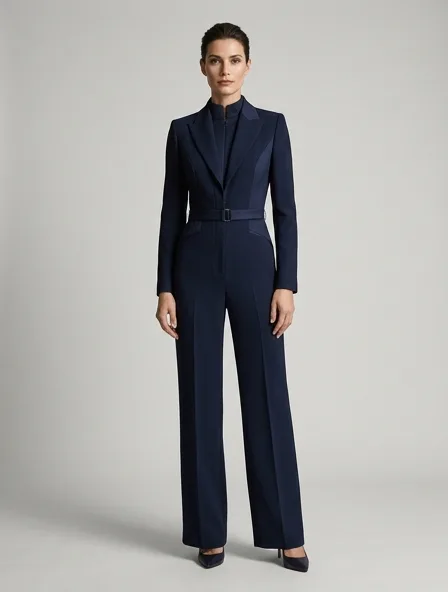 Formal jumpsuit on a model: tailored, structured, premium fabrics, refined details