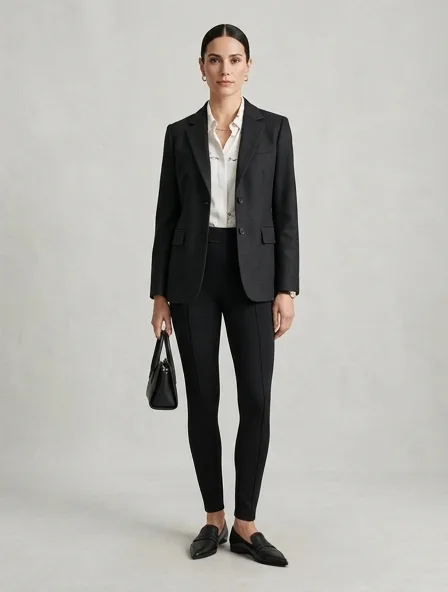 Formal leggings on a model: tailored, structured, premium fabrics, refined details