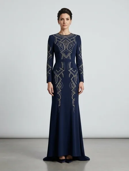 Formal maxi dress on a model: tailored, structured, premium fabrics, refined details