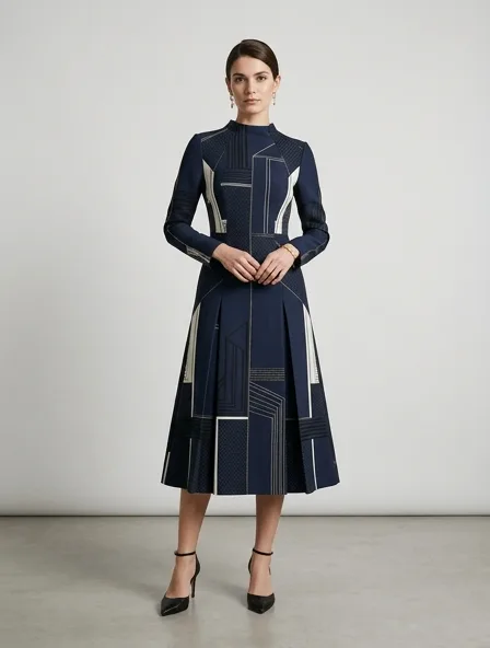 Formal midi dress on a model: tailored, structured, premium fabrics, refined details