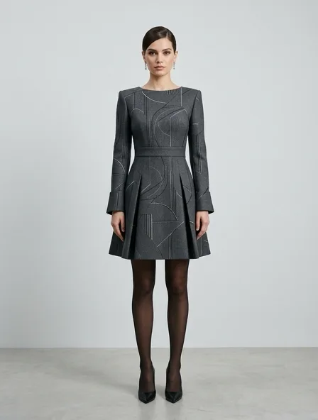 Formal mini dress on a model: tailored, structured, premium fabrics, refined details