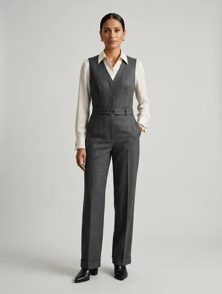 Formal overalls on a model: tailored, structured, premium fabrics, refined details