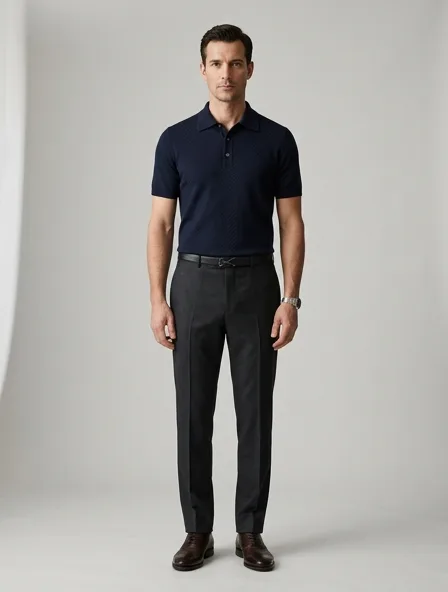 Formal polo shirt on a model: tailored, structured, premium fabrics, refined details