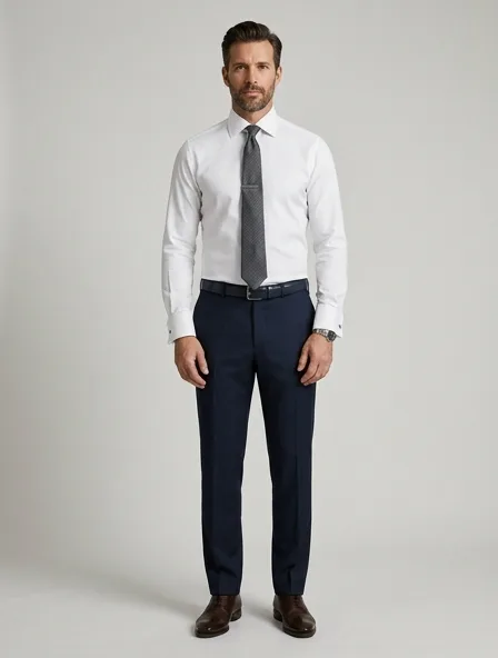 Formal shirt on a model: tailored, structured, premium fabrics, refined details