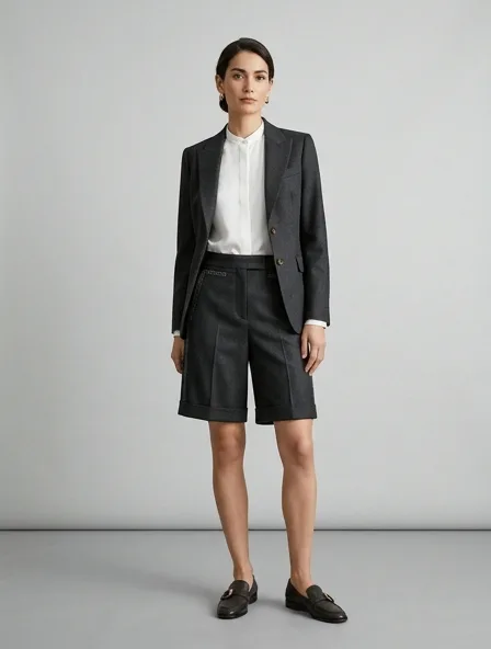 Formal shorts on a model: tailored, structured, premium fabrics, refined details