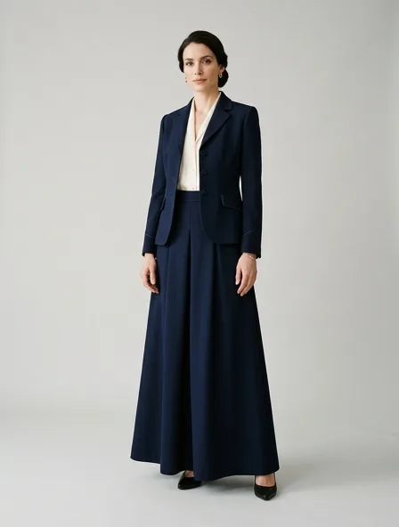 Formal skirt on a model: tailored, structured, premium fabrics, refined details