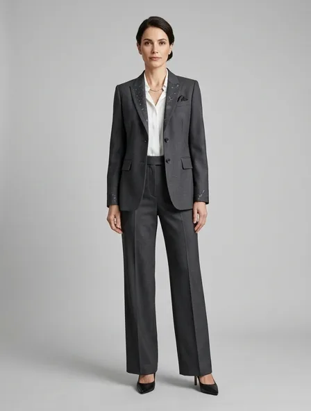 Formal suit on a model: tailored, structured, premium fabrics, refined details