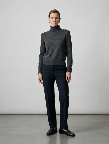 Formal sweater on a model: tailored, structured, premium fabrics, refined details