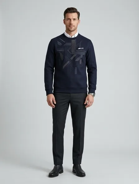 Formal sweatshirt on a model: tailored, structured, premium fabrics, refined details