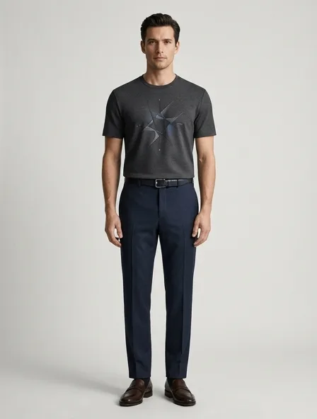 Formal t-shirt on a model: tailored, structured, premium fabrics, refined details
