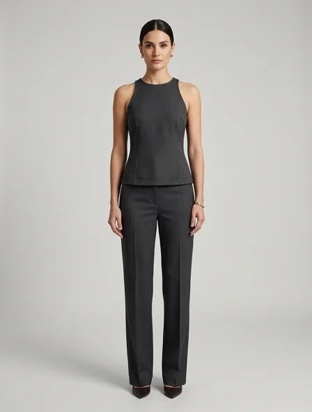 Formal tank top on a model: tailored, structured, premium fabrics, refined details