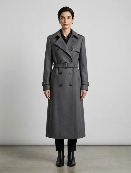 Formal trench coat on a model: tailored, structured, premium fabrics, refined details