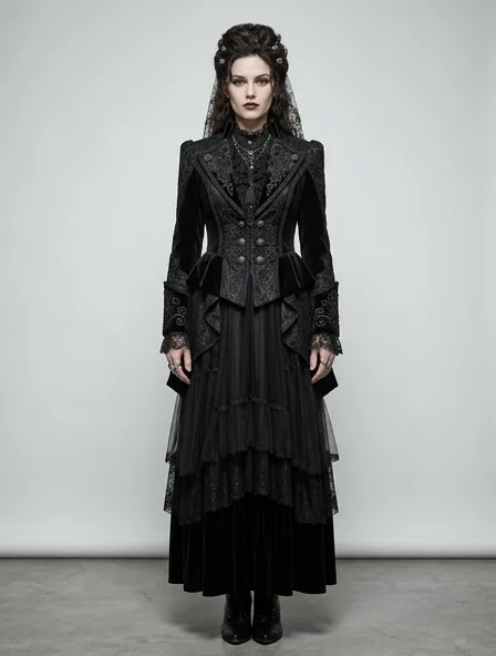 Gothic blazer on a model: dark, dramatic, lace, velvet, Victorian-inspired
