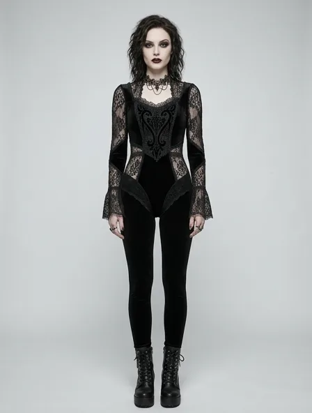 Gothic bodysuit on a model: dark, dramatic, lace, velvet, Victorian-inspired