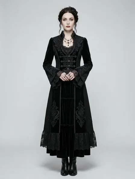 Gothic cardigan on a model: dark, dramatic, lace, velvet, Victorian-inspired