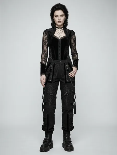 Gothic cargo pants on a model: dark, dramatic, lace, velvet, Victorian-inspired