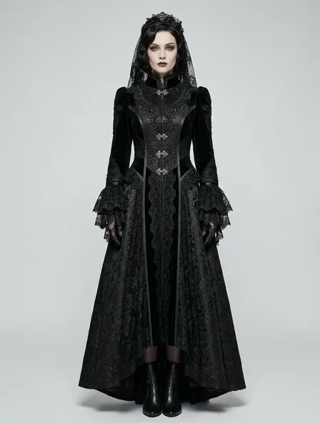 Gothic coat on a model: dark, dramatic, lace, velvet, Victorian-inspired