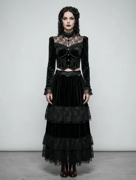 Gothic crop top on a model: dark, dramatic, lace, velvet, Victorian-inspired