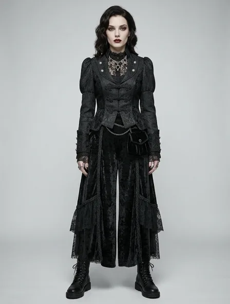 Gothic culottes on a model: dark, dramatic, lace, velvet, Victorian-inspired