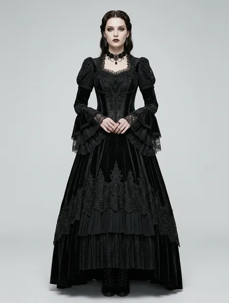 Gothic gown on a model: dark, dramatic, lace, velvet, Victorian-inspired