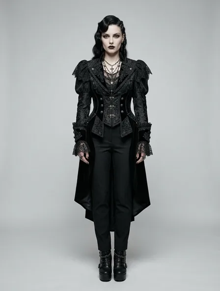 Gothic jacket on a model: dark, dramatic, lace, velvet, Victorian-inspired