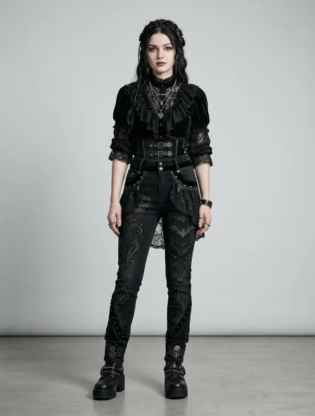 Gothic jeans on a model: dark, dramatic, lace, velvet, Victorian-inspired
